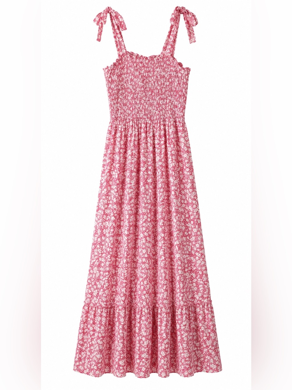 Tobrief Pink Floral Smocked Tie-Strap Floral Romantic Maxi Dress Medium